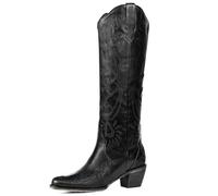 Cowboy Boots for Women, Knee High Wide Calf Cowgirl Boots with Classic Embroidered, Pointed Toe Chunky Heel Western Boot, Pull On Retro Vintage Tall Boot, Midnight Black, 9 UK