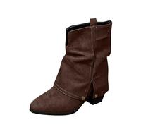 Cowboy Boots for Women Low Heel Mid Calf Ankle Boots with Pull-Up Tabs Slip On Round Toe Chunky Heel Retro Classic Booties Faux Suede Back Zipper Fall Short Shoes Ankle Boot