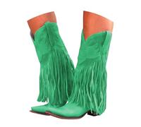 Cowboy Boots for Women Mid Calf Boho Embroidered Suede Western Cow Girl Boots Side Zipper Pull-On Tabs Tall Boot Retro Pointed Toe Chunky Heel Wide Calf Riding Booties Dress Winter Shoes