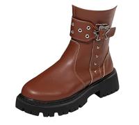 Cowboy Boots For Women Mid Calf Buckle Cowgirl Boots Thick Bottom Round Toe Walking Boot Easier On & Off Grip Sole Pull On Boot Water-Resistant Easy To Clean Ladies Shoes With Side Zip