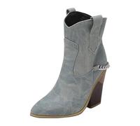 Cowboy Boots For Women Mid Calf Chain Walking Boots Block Heel Pointed Toe Western Booties Water-Resistant Easy To Clean Ladies Shoes Easier On & Off Slip On Boot Fancy Dress Party