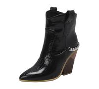 Cowboy Boots For Women Mid Calf Chain Walking Boots Block Heel Pointed Toe Western Booties Water-Resistant Easy To Clean Ladies Shoes Easier On & Off Slip On Boot Fancy Dress Party