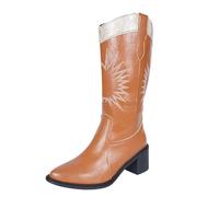 Cowboy Boots For Women Mid Calf Embroidered Hiking Boots Chunky Heeled Pointed Toe Walking Boot Water-Resistant Easy To Clean Ladies Shoes Slip Resistant Comfortable Slip On Booties