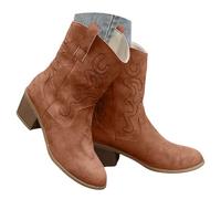 Cowboy Boots for Women Mid Calf Suede Stylish Wide Calf V-Cut Embroidered Print Chunky Block Heel Cowgirl Booties Comfortable Vintage Dressy Slip on Arch Support Ankle Boots Western Shoes