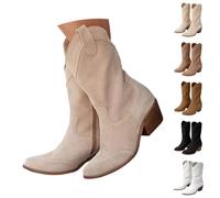 Cowboy Boots for Women Mid Calf Wide Fit Suede Ankle Boots Pointed Toe Low Heel Booties Slip On Mid Calf Booties With Buckle Comfortable Walking Shoes