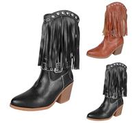 Cowboy Boots for Women Size 6 Mid Calf Booties with Fashion Tassel Comfort Pointed Toe Pull On Block Chunky Heel Western Leather Cowboy Boots for Country Music Festivals Black