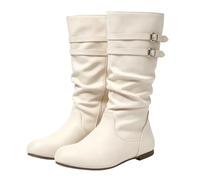 Cowboy Boots for Women Suede Slouchy Flat Mid-Calf Boots Side Zip Wide Fit | Solid Color Wide Calf Round Toe Closure Buckle Decor, Anti-Skid Low Heel Slouch Boot Casual Comfort Walking Shoes