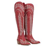 Cowboy Boots for Women Thigh High Wide Calf Cowgirl Boots Embroidered Knee High Western Boot Pointed Toe Chunky Heel Side Zip Over The Knee Boot for Women, Red, 7 UK