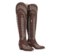 Cowboy Boots for Women Thigh High Wide Calf Cowgirl Boots Embroidered Knee High Western Boot Pointed Toe Chunky Heel Side Zip Over The Knee Boot for Women, Brown, 7 UK