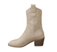 Cowboy Boots for Women UK Cowgirl Western Boots Fashion Embroidery Stitched Chunky Heel Mid Calf Boots Beige 6
