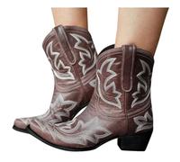 Cowboy Boots For Women Vintage Embroidery Pointed Toe Chunky Mid-Heels Wide Calf Western Cowgirls Boots Retro Slip On Wide Mid Calf Boots Riding Knight Ankle Booties
