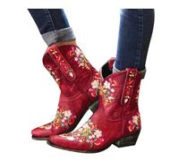 Cowboy Boots For Women Vintage Embroidery Pointed Toe Chunky Mid-Heels Wide Calf Western Cowgirls Boots Retro Slip On Wide Mid Calf Boots Riding Knight Ankle Booties