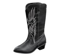 Cowboy Boots For Women, Wide Calf Block Heel Boots Mid Calf Western Riding Boot Embroidery Pointed Toe Shoe Pu Leather Pull On Wedding Shoes Stitched Comfortable Outdoor Cowgirl Ankle Boot
