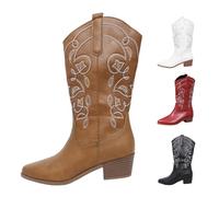 Cowboy Boots for Women, Wide Calf Cowgirl Boots Chunky Heel Western Mid Calf Square Toe Womens Cowboy Boot Country Riding Embroidered Shoes for Parties Proms