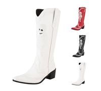 Cowboy Boots for Women Wide Mid Calf Pointed Toe Halloween Cowgirl Boots with Retro Embroidered Pull-On Chunky Booties Western V Mouth Anti-Slip Lightweight Stylish Shoes Size 4.5 White