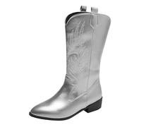 Cowboy Boots for Women,Women's Daily Slip-On Plus Size Thick High Heeled European and American Style Fall Winter Elegant Shoes Comfortable Stylish Western for Theme Party Country Concert Silver
