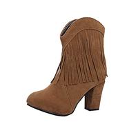 Cowboy Boots For Womens, Mid Calf Boot With Fringe Winter Warm Cowgirl High Shoes, Ladies Retro Round Head Thick Heeled Ankle Boots Western Booties, Flock Upper Rubber Sole Girls Outdoor Footwear