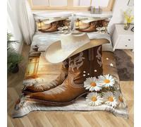 Cowboy Boots Hats Duvet Cover Set Double Southwest Cowgirl Style Bedding Set for Kids Boys Teens Blooming Daisy Flower Comforter Cover Rustic Wooden Barn Quilt Cover,2 Pillowcases(No Comforter)
