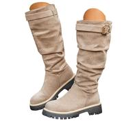 Cowboy Boots Round Toe Flat Plus Size Solid Color Suede Square Heel Retro Knee Boots Women Shoes Summer Boots Women, khaki, 4.5 UK