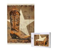 Cowboy Boots Vintage Star Western Rustic Texas Brown Personalised 1000 Piece Wooden Jigsaw Puzzle For Adults, Custom Portrait Picture