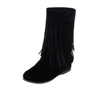 Cowboy Boots Women's Black Fringe Slip On Ankle Boots Women's Flat Slip On Half Boots Suede Boots Slip On Boots Front Round Faux Leather Half Boots Long Shaft Boots Women's Boots, black, 8.5 UK
