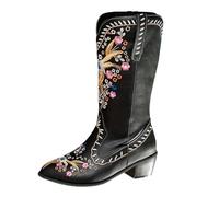 Cowboy Boots Women's Black Leather Winter Boots Women's Waterproof Floral Pattern Western Boots Lace Platform Ankle Boots Warm Short Boots Arch Support Walking Shoes Block Heel High Heels, black, 4 UK