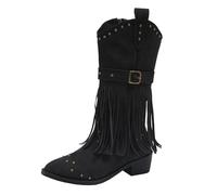 Cowboy Boots Women's Black Rivets, Western Ankle Boots with Fringes with Zip High Boots Leather Boots Western Boots Faux Leather Cowboy Boots Fringe Ankle Boots Women's Boots, black, 7.5 UK