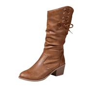 Cowboy Boots Women's Half Height Boots with Block Heel Comfortable Faux Leather Boots Classic Fashionable Western Leather Boots Non-Slip Knee-High Boots Pointed Toe Women's Shoes, brown, 5 UK