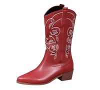 Cowboy Boots Women's Leather Women's Boots Pull On Boots Mid Calf Transition Boots Low Heel Western Boots Embroidered Cowgirl Riding Boots Vintage Comfortable Boots Mexican Slip On Boots, red, 8 UK