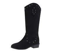 Cowboy Boots Women's Medium High Suede Half Boots Women's Western Boots Fashionable Slip On Boots Retro Knight Boots Chunky Heel Trekking Boots Non-Slip Women's Boots Pointed Transition Boots, black