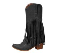 Cowboy Boots Women's Medium High Western Boots Women's Fringe Half Boots with Block Heel Winter Boots Lace Fringe Boots Plain Slip Boots Fashionable Autumn Boots Traditional Boots, black, 8 UK