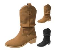 Cowboy Boots Women's Medium High Winter Boots with Heel Elegant Wide Shaft Fashion Slip On Boots Casual Western Boots Plain Centre Tube Boots Pointed Women's Boots Comfortable Boots, coffee, 2/2.5 UK