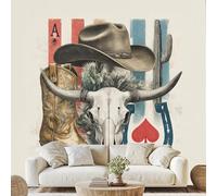 Cowboy Bull Skull Hat Boots Wall Mural Tropical Cactus Horseshoe Poker Stripe Self Adhesive Wallpaper 450x315 cm Western Rustic Wall Decals Canvas Wall Art for Bedroom Living Room Home Decor Wf202g