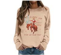 Cowboy Christmas Sweatshirts Women Giddy Up Jingle Horse Pick Up Your Feet Print Pullover Santa Cactus Country Top Christmas Jumpers for Women