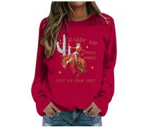 Cowboy Christmas Sweatshirts Women Giddy Up Jingle Horse Pick Up Your Feet Print Pullover Santa Cactus Country Top Christmas Jumpers for Women