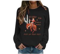 Cowboy Christmas Sweatshirts Women Giddy Up Jingle Horse Pick Up Your Feet Print Pullover Santa Cactus Country Top Christmas Jumpers for Women