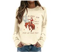 Cowboy Christmas Sweatshirts Women Giddy Up Jingle Horse Pick Up Your Feet Print Pullover Santa Cactus Country Top Christmas Jumpers for Women