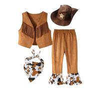 Cowboy Costume for Boys Western Style Dress Up Fringe Vest Suit Suede Role Play Costume Set with Trouser Hat 4 Pcs Retro Woody Clothes 6-7 Years