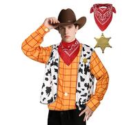 Cowboy Costume Men Yellow Plaid Shirt Vest with Neckerchief and Star Metal Badge Western Outfit Halloween Cosplay