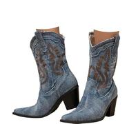 Cowboy Cowgirl Boots for Women Wide Square Toe Western Mid Calf Pull-On Embroidered Comfortable Stitched Retro Mid Calf Boots for Festivals Theme Party Country Concert and Proms