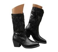 Cowboy Cowgirl Boots for Women Wide Square Toe Western Mid Calf Pull-On Fashion Comfortable Embroidered Stitched Chunky Heel Mid Calf Retro Boots Theme Party Country Concert Black a