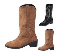 Cowboy Cowgirl Boots for Womens Slip-on Retro Embroidery V Mouth Boots Thick Low Heel Mid Calf Shoes Western Anti-Slip Lightweight Comfortable Stylish Chunky Shoes Size 5 Brown