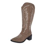 Cowboy Cowgirl Boots for Womens Western Embroidered Mid Calf Boot Pointed Toe Slip-on Low Heel Comfortable Stylish Shoes Ladies Lightweight Retro Chunky Shoes Size 7 Khaki