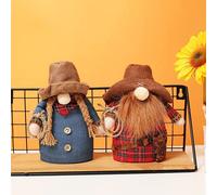 Cowboy Decoration Gnome, 2Pcs Harvest Thanksgiving Fall Halloween Ornament Plush Faceless Doll Farmer Buffalo Plaid Red Black Jeans Country Rustic Kawaii Swedish Elf Cattle Home Kitchen Farmhouse