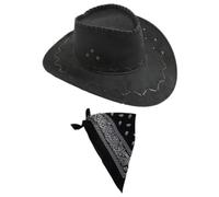 Cowboy Fancy Dress Accessory Set - Black Faux Suede Cowboy Hat and Black Paisley Bandana - Wild West Western Outfit for Adults, Rodeo Theme Parties, Fancy Dress, and Halloween
