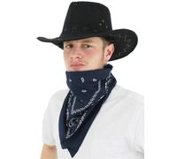 Cowboy Fancy Dress Accessory Set - Black Faux Suede Cowboy Hat and Navy Paisley Bandana - Wild West Western Outfit for Adults, Rodeo Theme Parties, Fancy Dress, and Halloween