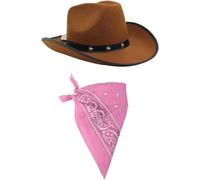 COWBOY FANCY DRESS ACCESSORY SET COSTUME BROWN STAR STUDDED COWBOY HAT & COLOURED PAISLEY BANDANA WILD WEST WESTERN