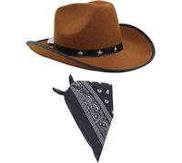 COWBOY FANCY DRESS ACCESSORY SET COSTUME BROWN STAR STUDDED COWBOY HAT & COLOURED PAISLEY BANDANA WILD WEST WESTERN