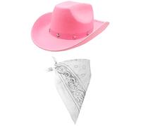Cowboy Fancy Dress Accessory Set Costume Pink Cowboy Hat With Star Studded Band & Coloured Paisley Bandana Wild West Western Sheriff Bandana (White Bandana)