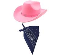 Cowboy Fancy Dress Accessory Set Costume Pink Cowboy Hat With Star Studded Band & Coloured Paisley Bandana Wild West Western Sheriff Bandana (Navy Blue Bandana)